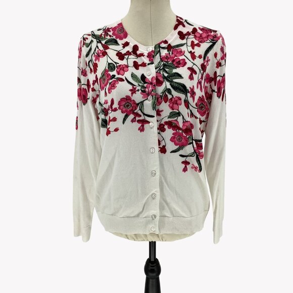 Karen Scott Sweaters - Karen Scott Womens L Floral Embroidered Button-Up Cardigan Sweater White & Pink